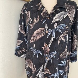 JOSEPH & FEISS 2X SILK SHIRT BLACK WITH BLUE&GREY LEAVES